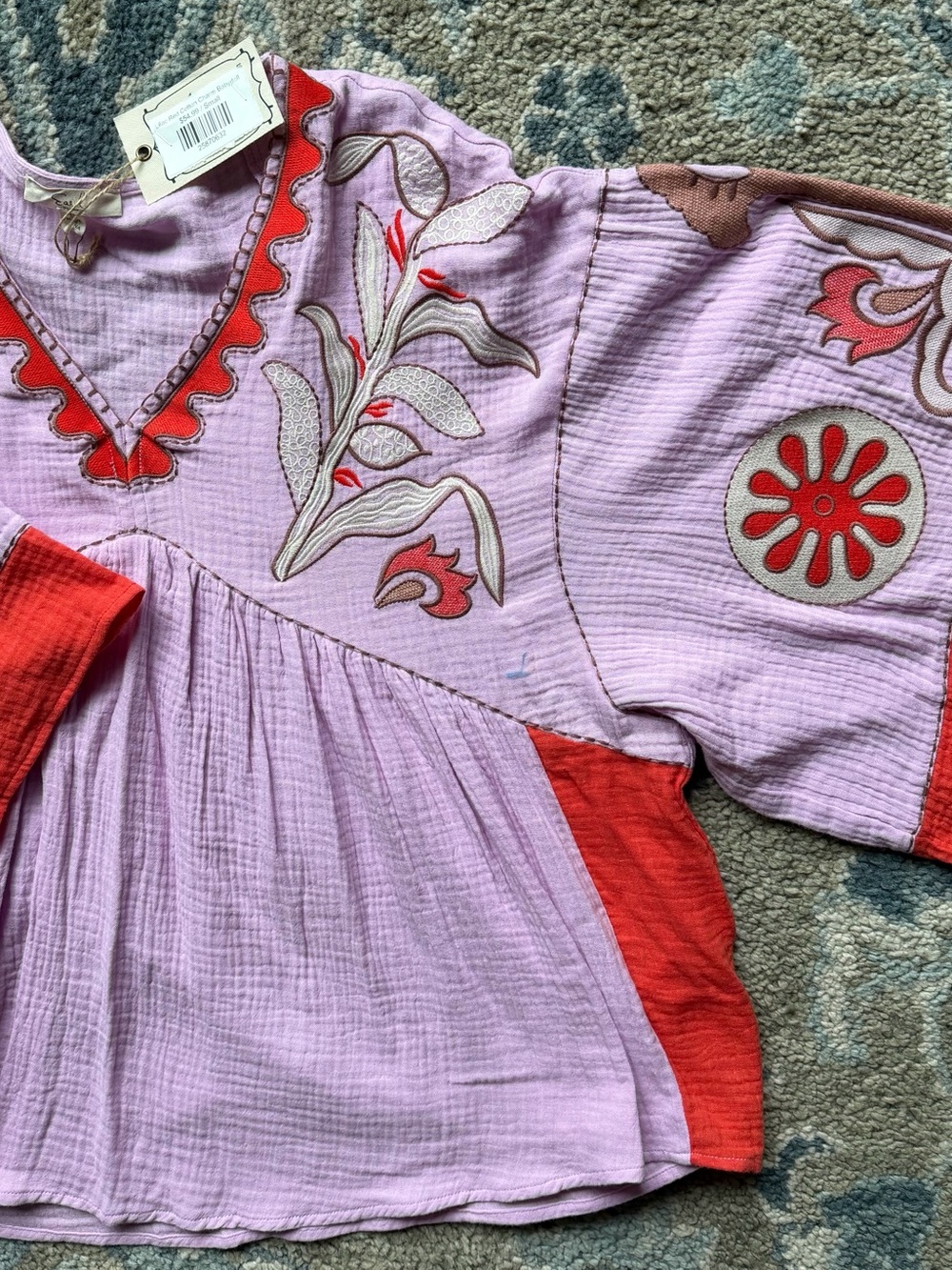 easel Lavender Gauze Peasant Top with Orang-Red Embroidered Accents